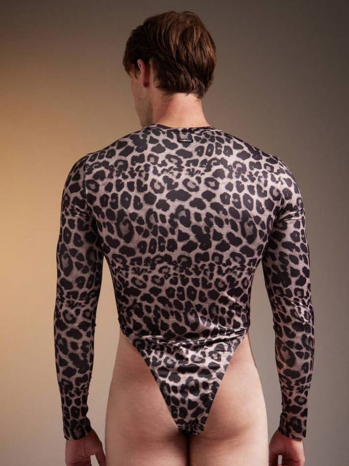 BONGA BOYS Men's Tight-Fitted Mesh Leopard Print Long Sleeve Bodysuit